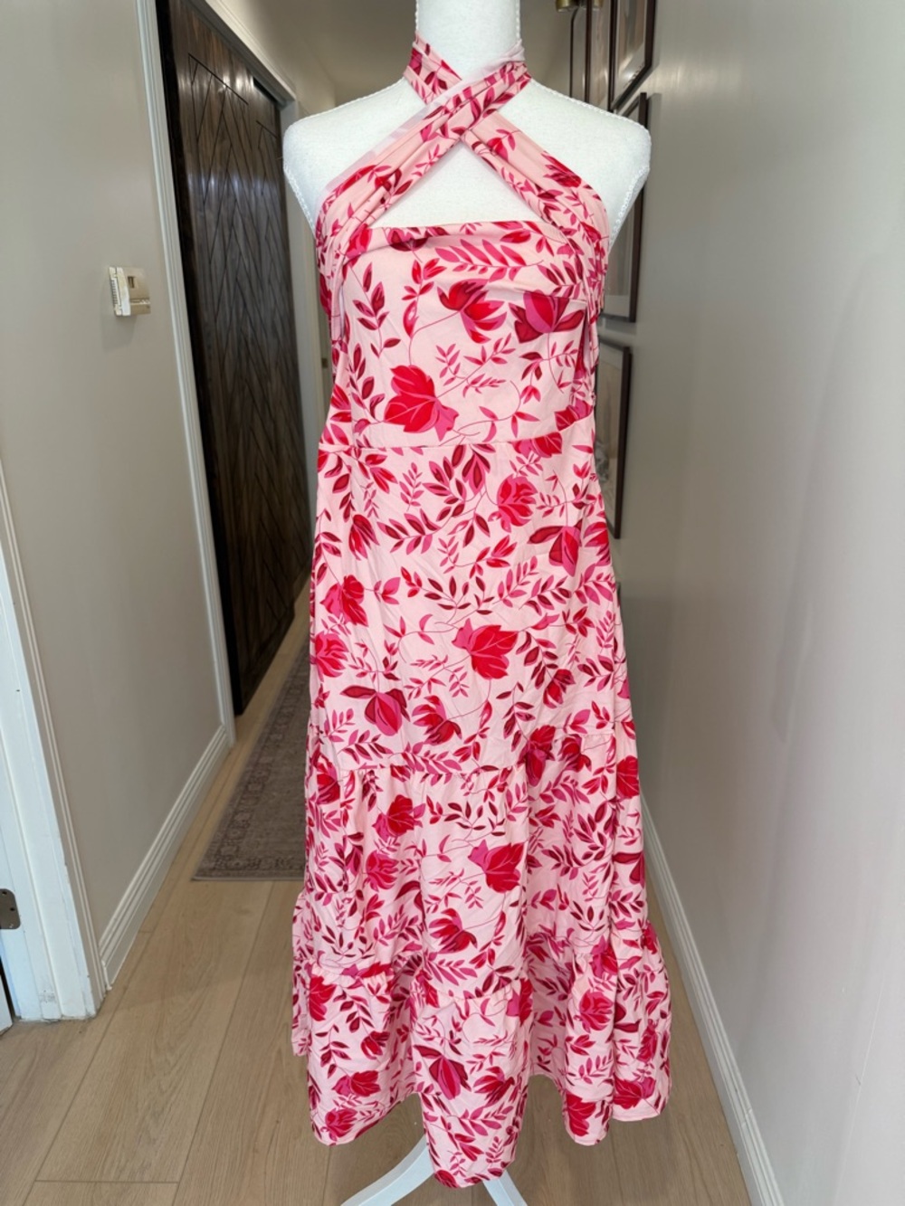 Pink & Red Floral Halter Maxi Dress